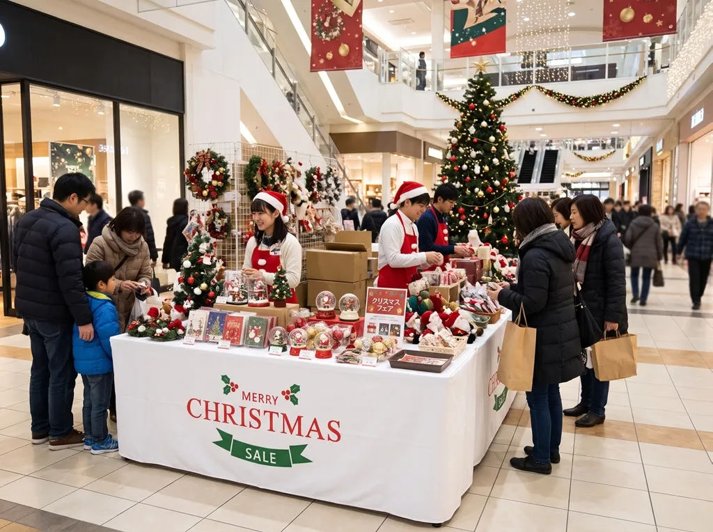 名入れテーブルカバーでクリスマスグッズを並べた店内売場の例