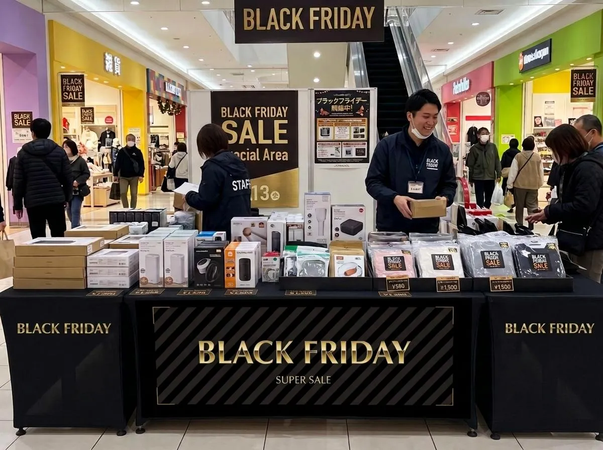 テーブルカバーでブラックフライデー仕様にしたセール会場の例