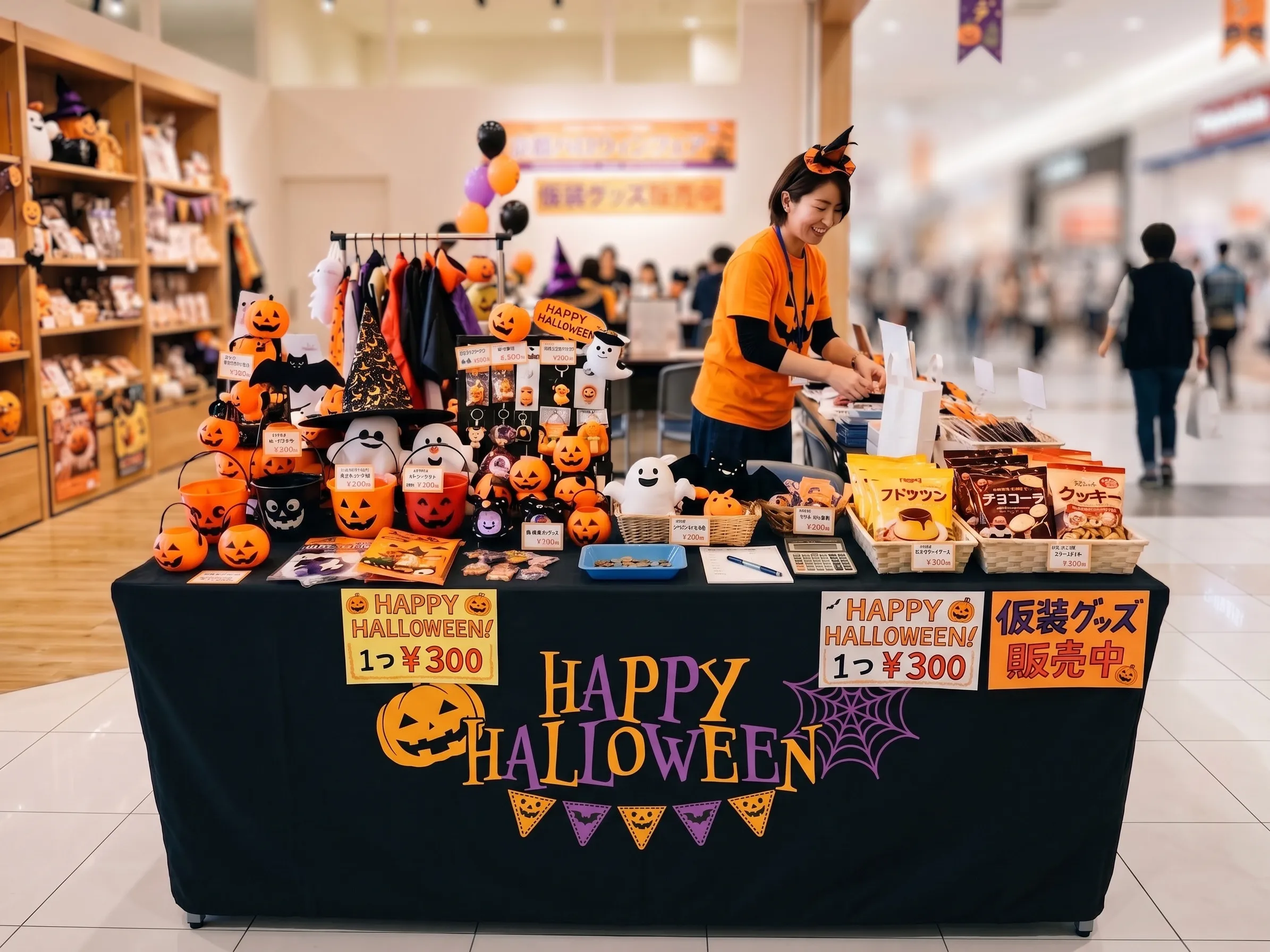テーブルカバーだけでハロウィン装飾をした店頭ブースの例